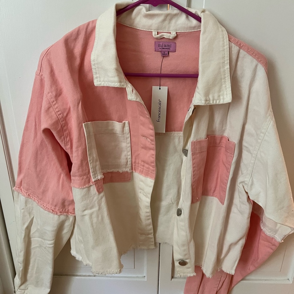 NWT - Francesca’s pink and white denim jacket - L